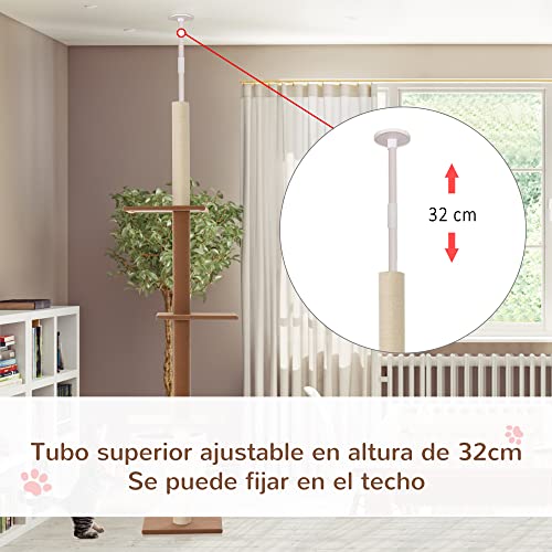 PawHut Árbol para Gatos Rascador de Suelo a Techo para Gatos Ajustable en Altura con 4 Plataformas Espaciosas Poste de Sisal Natural 43x27x228-260 cm Marrón