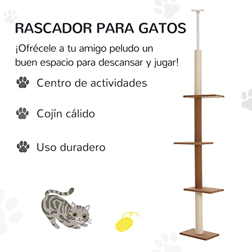 PawHut Árbol para Gatos Rascador de Suelo a Techo para Gatos Ajustable en Altura con 4 Plataformas Espaciosas Poste de Sisal Natural 43x27x228-260 cm Marrón