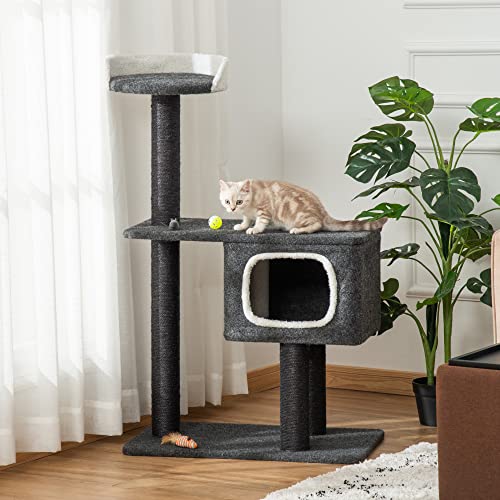 PawHut Árbol para Gatos Torre Escalador Gato con Cueva Varias Plataformas y Postes Rascadores de Sisal Natural Centro de Actividades para Arañar 70x41x112 cm Gris Oscuro