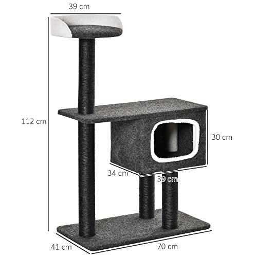 PawHut Árbol para Gatos Torre Escalador Gato con Cueva Varias Plataformas y Postes Rascadores de Sisal Natural Centro de Actividades para Arañar 70x41x112 cm Gris Oscuro