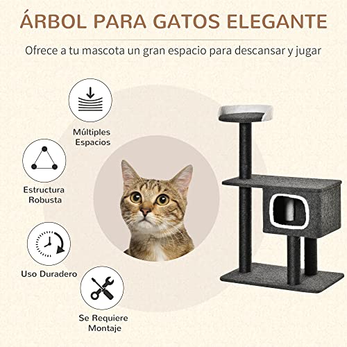 PawHut Árbol para Gatos Torre Escalador Gato con Cueva Varias Plataformas y Postes Rascadores de Sisal Natural Centro de Actividades para Arañar 70x41x112 cm Gris Oscuro