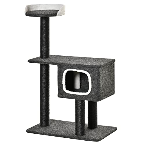 PawHut Árbol para Gatos Torre Escalador Gato con Cueva Varias Plataformas y Postes Rascadores de Sisal Natural Centro de Actividades para Arañar 70x41x112 cm Gris Oscuro