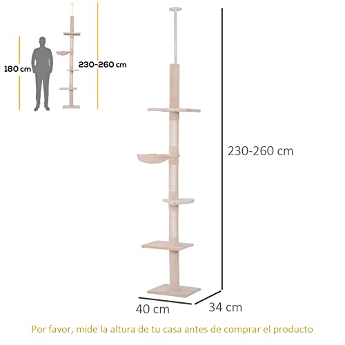 PawHut Árbol para gatos Torre Rascador de Gato de 5 Niveles Fijado al Techo Ajustable en Altura con Múltiples Plataformas Cubierta de Felpa Suave 40x34x230-260 cm Beige