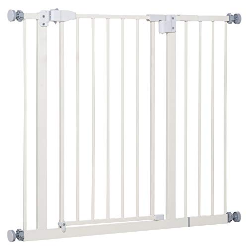 Pawhut Barrera de Seguridad Metálica para Puertas y Escaleras Mascotas Perros con Extensiones de 17,5 cm Sistema de Cierre Automático 74-97,5x76,2 cm Blanco