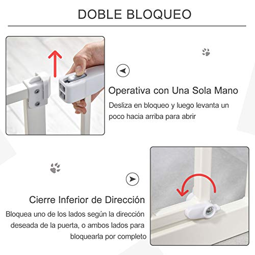 Pawhut Barrera de Seguridad Metálica para Puertas y Escaleras Mascotas Perros con Extensiones de 17,5 cm Sistema de Cierre Automático 74-97,5x76,2 cm Blanco