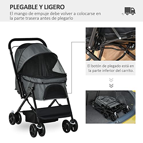 Pawhut Cochecito para Mascotas Plegable Carrito para Perros Gatos con Toldo Ajustable Cesta de Almacenaje Correas de Seguridad y Frenos Tela Oxford 600D Acero 76,5x52x95 cm Gris