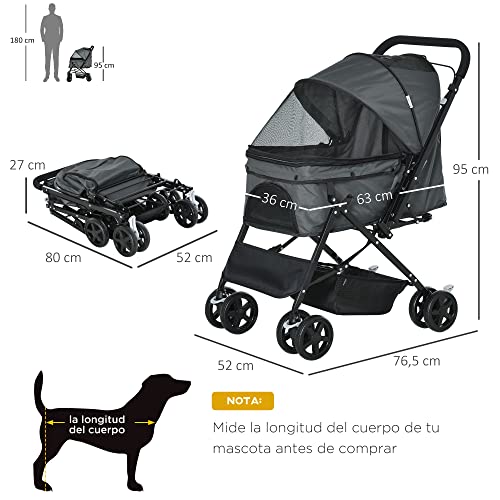 Pawhut Cochecito para Mascotas Plegable Carrito para Perros Gatos con Toldo Ajustable Cesta de Almacenaje Correas de Seguridad y Frenos Tela Oxford 600D Acero 76,5x52x95 cm Gris