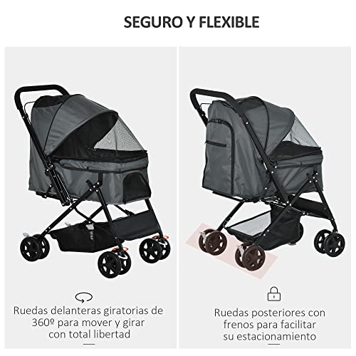 Pawhut Cochecito para Mascotas Plegable Carrito para Perros Gatos con Toldo Ajustable Cesta de Almacenaje Correas de Seguridad y Frenos Tela Oxford 600D Acero 76,5x52x95 cm Gris