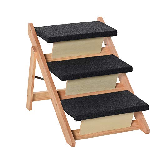 Pawhut Escalera de Madera para Perros Plegable 2 en 1 Rampa para Mascotas Portátil con 3 Escalones para Acceso al Sofá y Cama Alta 60x47x50 cm Negro y Natural