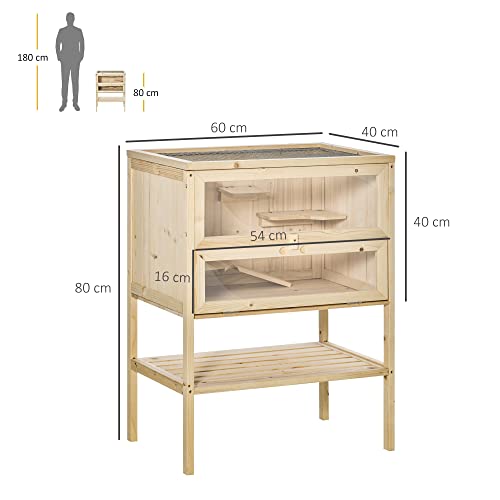 Pawhut Jaula de Madera para Hámster Ratones Casa de Juegos con 5 Plataformas Rampa Techo Abatible Ventana Cristal Plástico y Estante Inferior 60x40x80 cm Natural