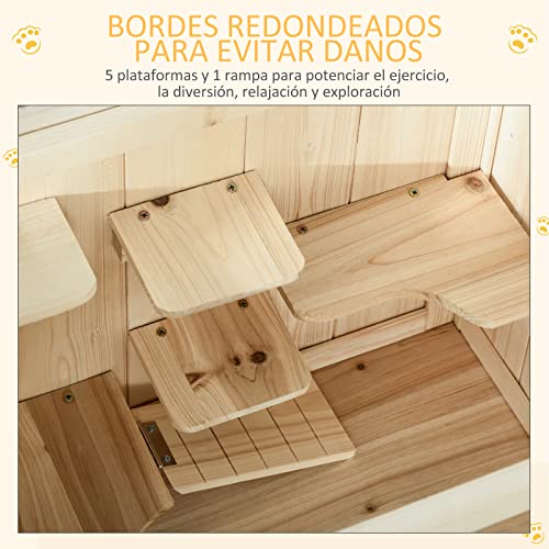 Pawhut Jaula de Madera para Hámster Ratones Casa de Juegos con 5 Plataformas Rampa Techo Abatible Ventana Cristal Plástico y Estante Inferior 60x40x80 cm Natural