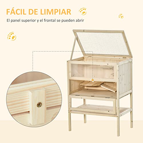 Pawhut Jaula de Madera para Hámster Ratones Casa de Juegos con 5 Plataformas Rampa Techo Abatible Ventana Cristal Plástico y Estante Inferior 60x40x80 cm Natural