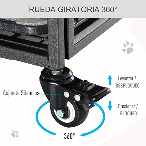 Pawhut Jaula de Metal para Perros Plegable con Ruedas y Frenos Bandeja Extraíble y Puerta con Pestillos para Golden Retriver Labrador 109,5x71x78 cm Gris Oscuro