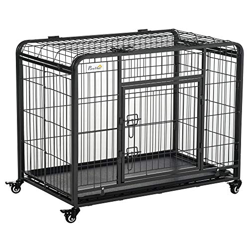 Pawhut Jaula de Metal para Perros Plegable con Ruedas y Frenos Bandeja Extraíble y Puerta con Pestillos para Golden Retriver Labrador 109,5x71x78 cm Gris Oscuro