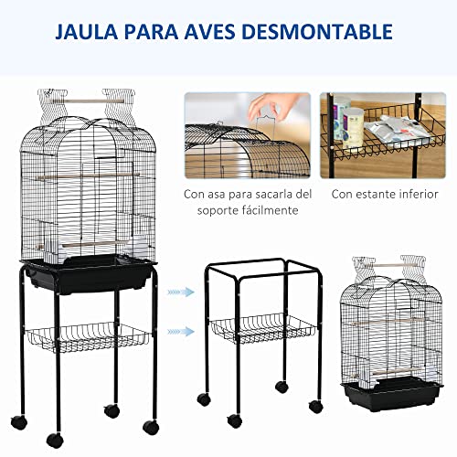 PawHut Jaula para Pájaros con Soporte Jaula de Aves Canarios con 4 Ruedas Techo Abrible 2 Comederos 3 Perchas Bandeja Extraíble y Estante Inferior 46x36x130 cm Negro