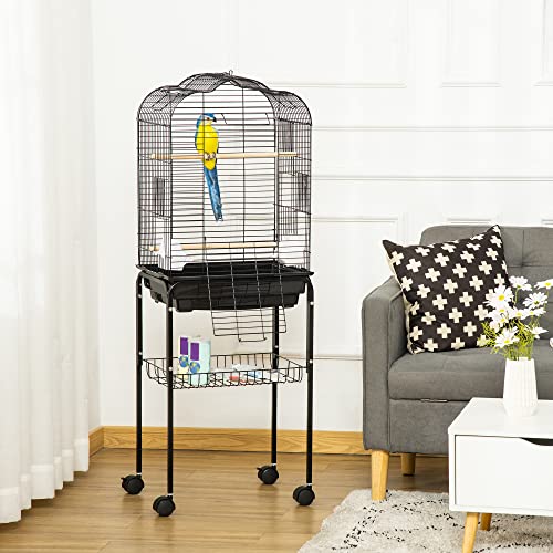 PawHut Jaula para Pájaros con Soporte Jaula de Aves Canarios con 4 Ruedas Techo Abrible 2 Comederos 3 Perchas Bandeja Extraíble y Estante Inferior 46x36x130 cm Negro