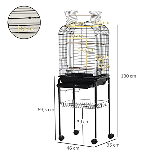 PawHut Jaula para Pájaros con Soporte Jaula de Aves Canarios con 4 Ruedas Techo Abrible 2 Comederos 3 Perchas Bandeja Extraíble y Estante Inferior 46x36x130 cm Negro