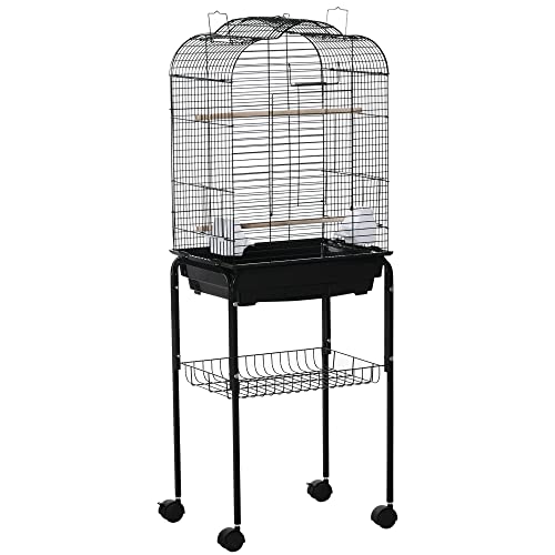 PawHut Jaula para Pájaros con Soporte Jaula de Aves Canarios con 4 Ruedas Techo Abrible 2 Comederos 3 Perchas Bandeja Extraíble y Estante Inferior 46x36x130 cm Negro