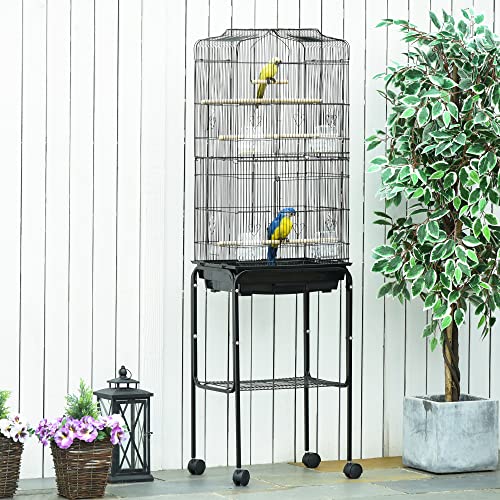 PawHut Jaula para Pájaros con Soporte Jaula Metálica de Aves Canarios con 4 Ruedas Puertas 4 Comederos 3 Perchas Bandeja Extraíble y Estante Inferior 46,5x36x157 cm Negro