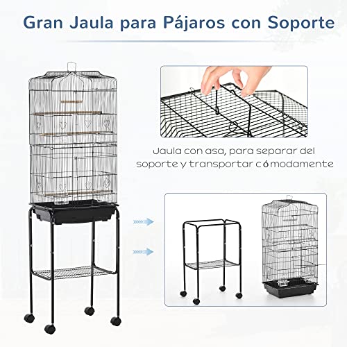 PawHut Jaula para Pájaros con Soporte Jaula Metálica de Aves Canarios con 4 Ruedas Puertas 4 Comederos 3 Perchas Bandeja Extraíble y Estante Inferior 46,5x36x157 cm Negro