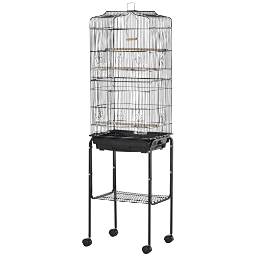 PawHut Jaula para Pájaros con Soporte Jaula Metálica de Aves Canarios con 4 Ruedas Puertas 4 Comederos 3 Perchas Bandeja Extraíble y Estante Inferior 46,5x36x157 cm Negro