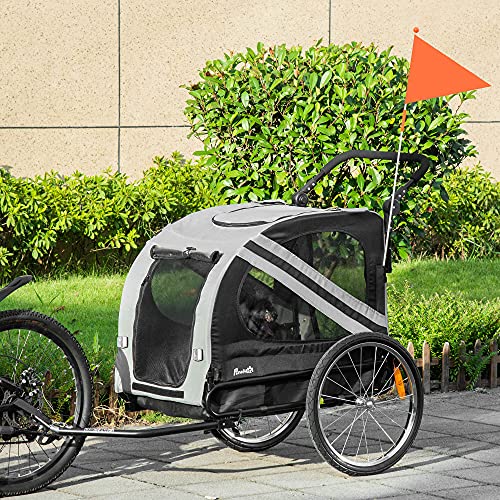 PawHut Remolque de Bicicleta Perros 2 en 1 Carrito Transporte para Mascotas con Puertas Enrollables Ventanas Cinturón de Seguridad Bandera y 6 Reflectores 134x73x108 cm Gris