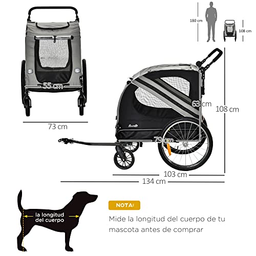 PawHut Remolque de Bicicleta Perros 2 en 1 Carrito Transporte para Mascotas con Puertas Enrollables Ventanas Cinturón de Seguridad Bandera y 6 Reflectores 134x73x108 cm Gris