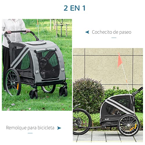 PawHut Remolque de Bicicleta Perros 2 en 1 Carrito Transporte para Mascotas con Puertas Enrollables Ventanas Cinturón de Seguridad Bandera y 6 Reflectores 134x73x108 cm Gris