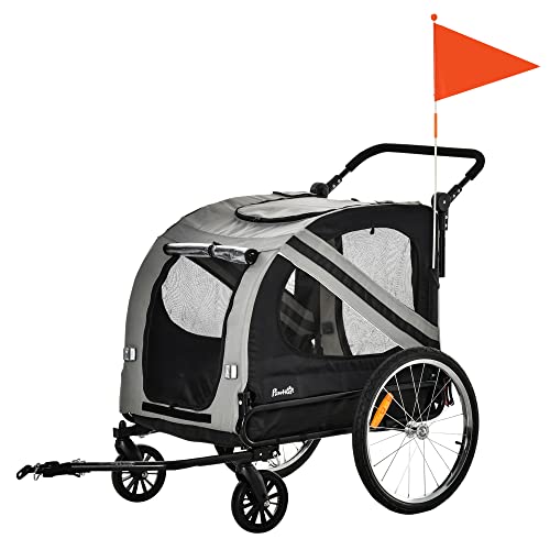 PawHut Remolque de Bicicleta Perros 2 en 1 Carrito Transporte para Mascotas con Puertas Enrollables Ventanas Cinturón de Seguridad Bandera y 6 Reflectores 134x73x108 cm Gris