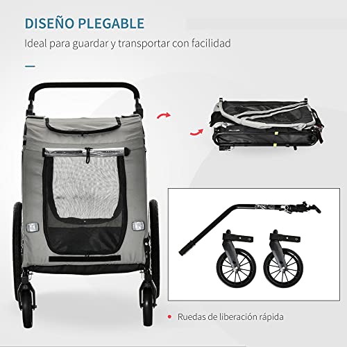 PawHut Remolque de Bicicleta Perros 2 en 1 Carrito Transporte para Mascotas con Puertas Enrollables Ventanas Cinturón de Seguridad Bandera y 6 Reflectores 134x73x108 cm Gris