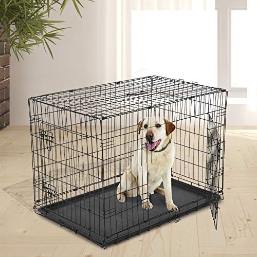 PawHut Transportín de Perro de 2 Puertas Jaula de Alambre para Perros Plegable con Asa Acero 91x61x67cm Negro