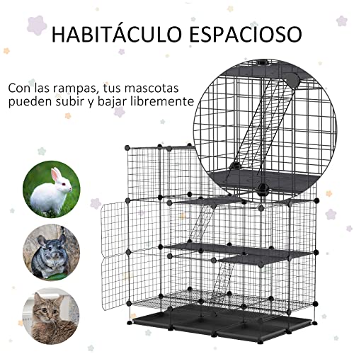 PawHut Valla Metálica para Pequeños Animales Montaje DIY Parque Metálica Desmontable con 3 Niveles y 4 Puertas Grandes 6 Bandejas Extraíbles Jaula de Mascotas Pequeñas 111x75x119 cm Negro