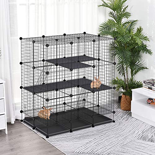 PawHut Valla Metálica para Pequeños Animales Montaje DIY Parque Metálica Desmontable con 3 Niveles y 4 Puertas Grandes 6 Bandejas Extraíbles Jaula de Mascotas Pequeñas 111x75x119 cm Negro