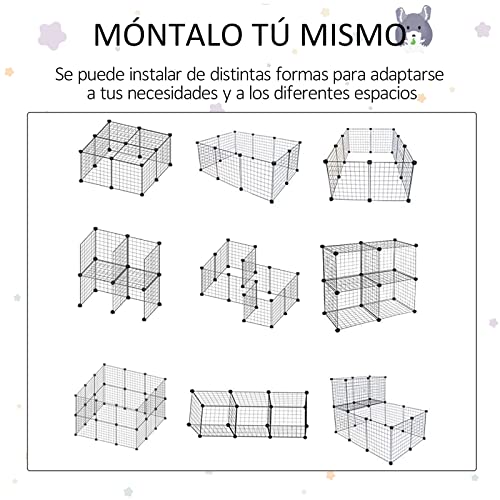 PawHut Valla Metálica para Pequeños Animales Montaje DIY Parque Metálica Desmontable con 3 Niveles y 4 Puertas Grandes 6 Bandejas Extraíbles Jaula de Mascotas Pequeñas 111x75x119 cm Negro