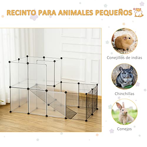 PawHut Valla para Animales Pequeños DIY con 21 Paneles de Resina y 6 Paneles de Alambre Jaula Modular de Plástico para Hámster Cobayas Conejos 140x70x90 cm Translúcido y Negro