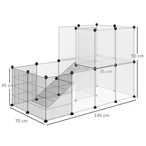 PawHut Valla para Animales Pequeños DIY con 21 Paneles de Resina y 6 Paneles de Alambre Jaula Modular de Plástico para Hámster Cobayas Conejos 140x70x90 cm Translúcido y Negro