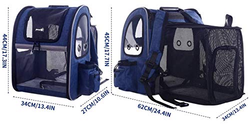 Pecute Transportin Gato Mochilas para Gatos y Perro Bolsa para Mascotas Expandible y Plegable, Carga Máxima 15 kg, para Viajar en Tren/automóvil/Restaurante/avión (Azul, Ventana Transparente)