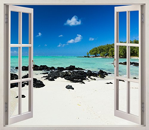 Pegatinas 3D Vinilo Ventana Varias Medidas 100x90cm | Adhesivo Incluido | Decoracion Habitación |Playa, Desierta Paradisiaca, Relajante | Multicolor | Diseño Elegante |