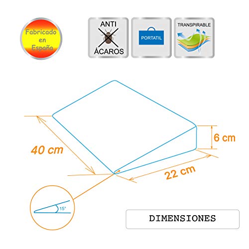 PEKITAS Almohada Cojín Cuña Inclinada Antireflujo Funda Lavable AloeVera Fabricado En España Uso adulto (40 cm Ancho - 15° Inclinación)