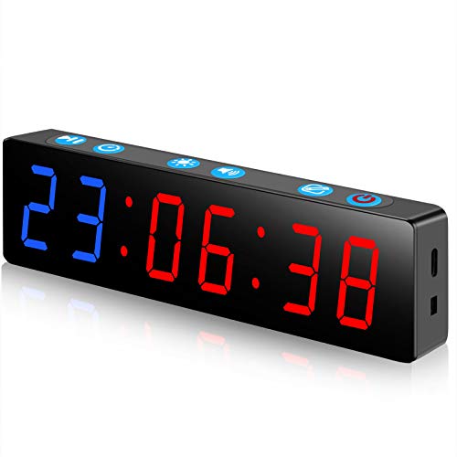 PELLOR Temporizador con Pantalla LED, Mini Portátil Dígitos LED Temporizador de Intervalos, Reloj en Tiempo Real de 12/24 Horas, Gym Temporizador, Brillo y Volumen Ajustable