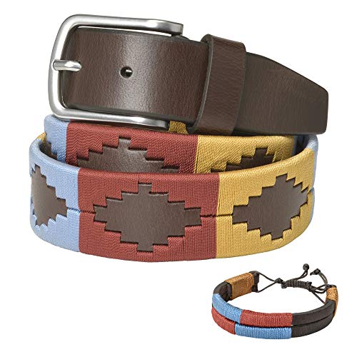 PELPE - Cinturón argentino de piel, con pulsera de hilo y cuero a juego. Cinturón bordado sobre cuero, para hombre y mujer. Cinturones argentinos Polo