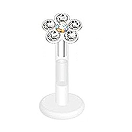 Pendiente de Piercing Boutique con diseño de flor para piercing del labio o tragus con barra de 1,2 x 8 mm con pétalos transparentes y centro de arcoíris