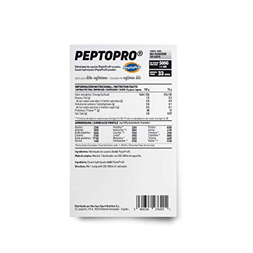 PeptoPro de HSN | Sin Sabor 500 gr | 100% Hidrolizado de Caseína | Ultra Rápida Absorción | Contribuye al Mantenimiento y la Ganancia de Masa Muscular | No-GMO, Vegetariano, Sin Gluten