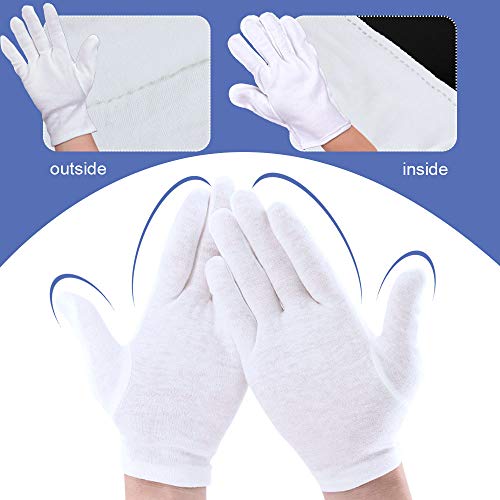 Perfetsell 12 Pares 24 Guantes Algodon Blanco Guantes Tela Blanca Finos Guantes Algodon Mujer Hombre Guantes de Joyeria Lavables Guantes Algodon Blanco para Camarero Joyería Plata Cámara Disfraz