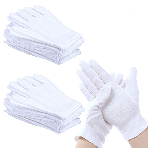 Perfetsell 12 Pares 24 Guantes Algodon Blanco Guantes Tela Blanca Finos Guantes Algodon Mujer Hombre Guantes de Joyeria Lavables Guantes Algodon Blanco para Camarero Joyería Plata Cámara Disfraz