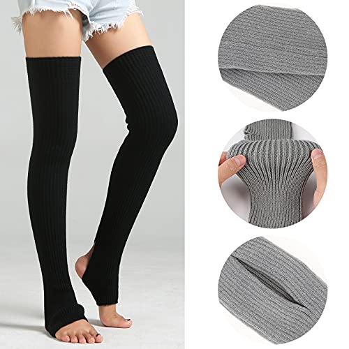 PHOGARY 2 Pares Calentadores Piernas Mujer, Calcetines de Punto para Invierno, Calcetines de Yoga Pata arranque de los puños Calientapiernas Largo Ganchillo Cubierta para Botas y Botines (Negro, Gris)