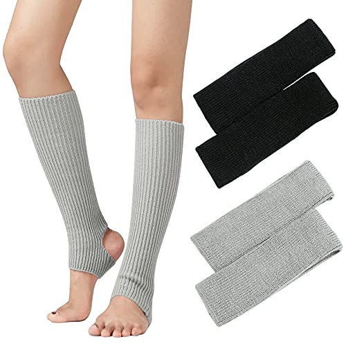 PHOGARY 2 Pares Calentadores Piernas Mujer, Calcetines de Punto para Invierno, Pata arranque de los puños Calientapiernas Largo Ganchillo Cubierta Calcetines de Yoga para Botas y Botines (Negro, Gris)