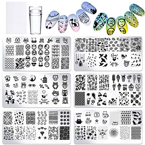 PHOGARY Nail Art Stamping [Actualizado] Estampacion Uñas 6 Placas de Stamping + 1 Sello de Silicona +1 Rascador - Patrones Animales, Flores, Frutas, Helado, Cara de Sonrisa