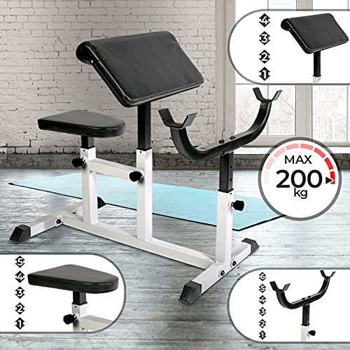 Physionics Banco de Biceps - Carga máxima 200 kg, Apoyabrazos y Asiento Regulable, Soporte Ajustable, Metal, 95/50 cm - Banco de Pesas, Ejercicios