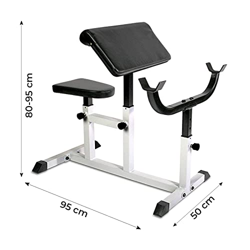 Physionics Banco de Biceps - Carga máxima 200 kg, Apoyabrazos y Asiento Regulable, Soporte Ajustable, Metal, 95/50 cm - Banco de Pesas, Ejercicios